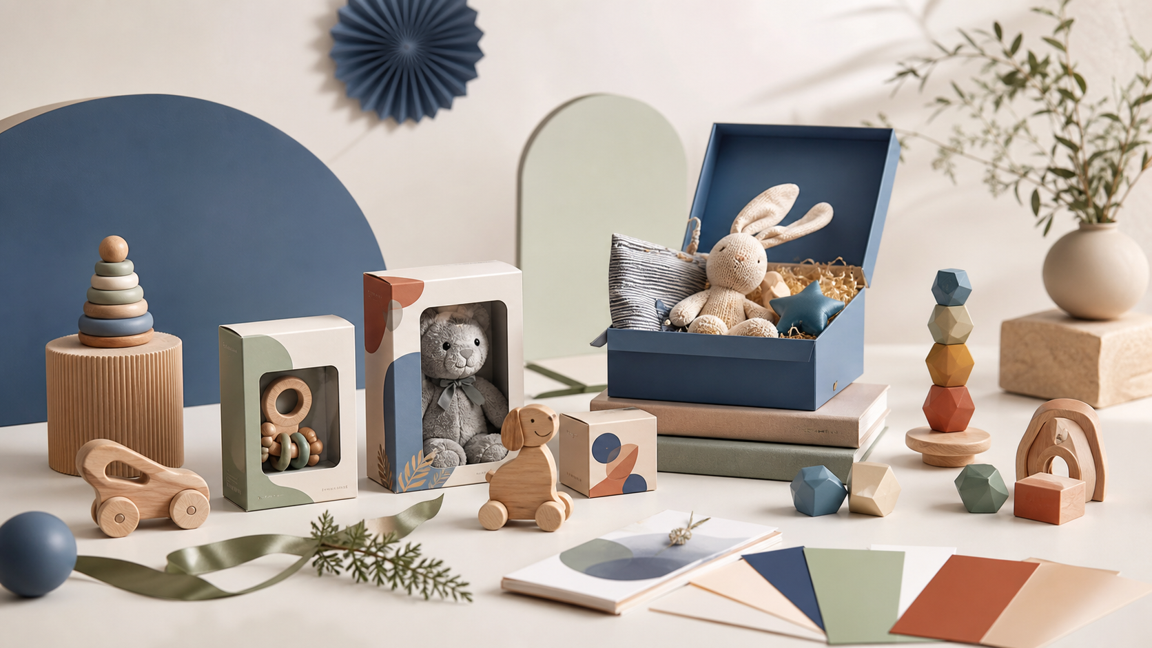 Toy and promotional products staged for a launch presentation