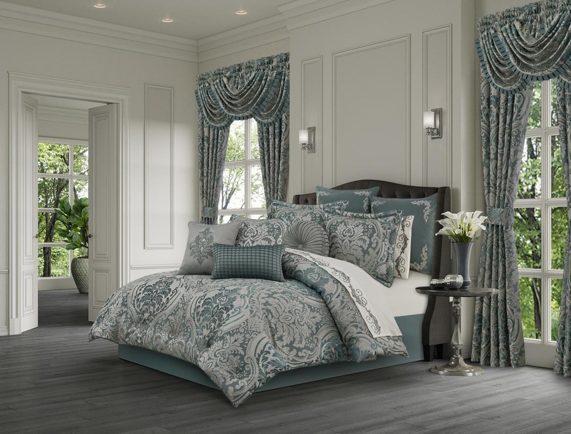 Teal bedding photographed in a complete coordinated room set